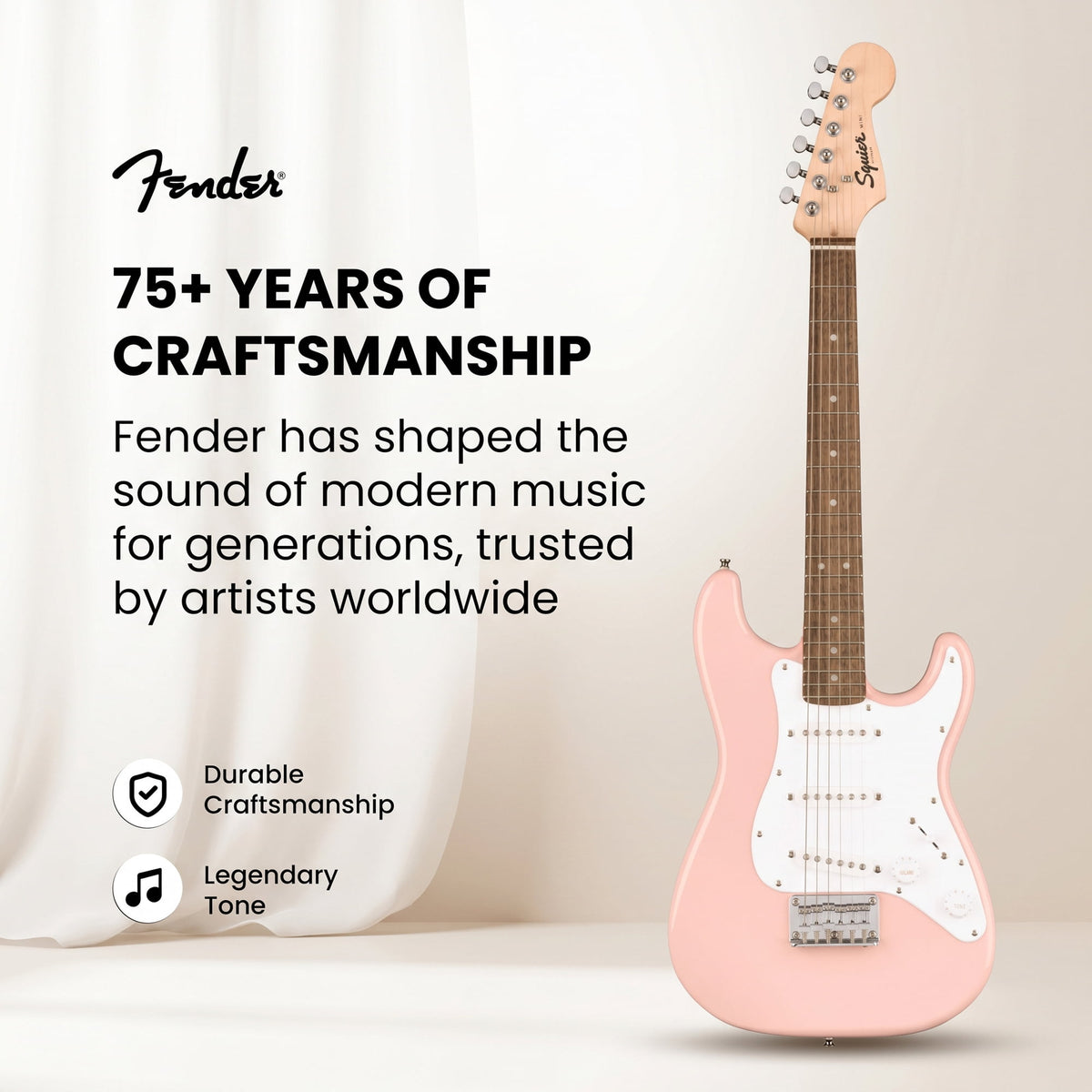 Fender Squier 3/4-Size Kids Mini Strat Electric Guitar - Shell Pink w/ Cable